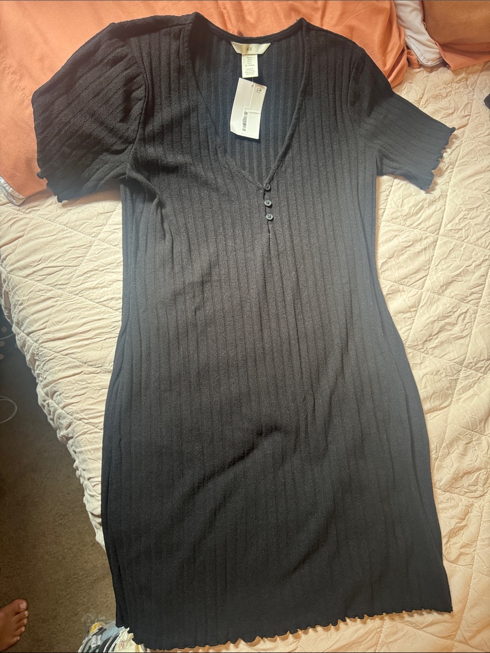 H&M Black Ribbed V-Neck Midi Dress with Button Detail